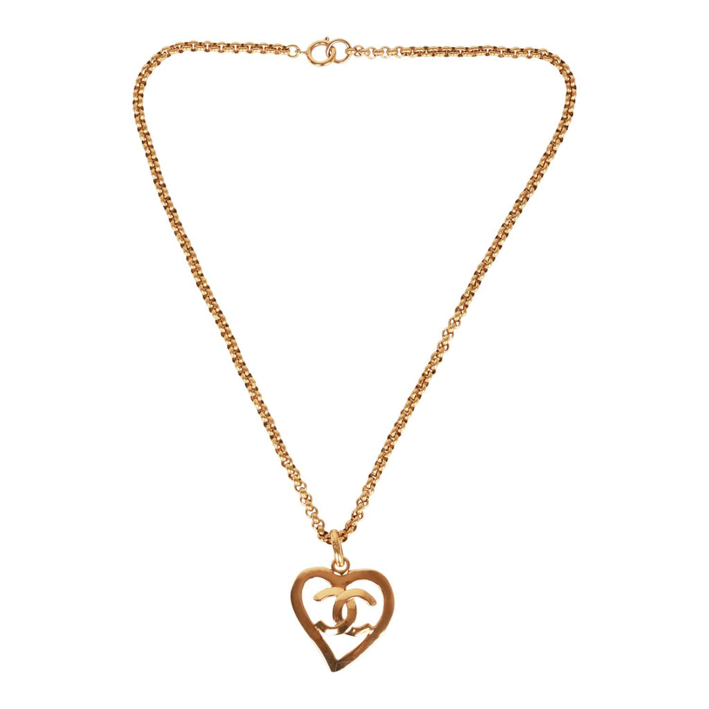 Chanel Long Vintage Rolo Link And Logo Heart Pendant Necklace