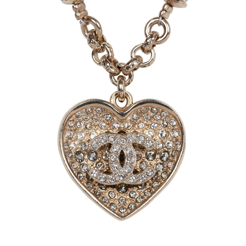 Chanel Silver Necklace Heart with CC Rhinestones authentic