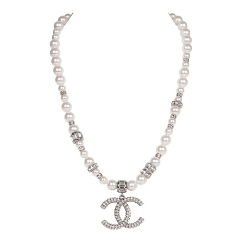 Chanel Faux Pearl and Crystal Silver CC Pendant Necklace