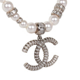 Chanel Faux Pearl and Crystal Silver CC Pendant Necklace