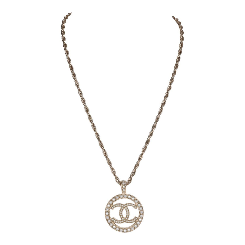 Chanel Large Logo Pearl and Light Gold Metal Pendant Necklace