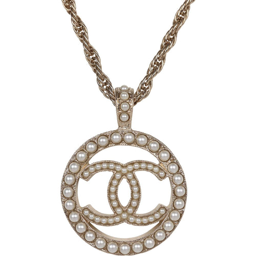 Chanel Large Logo Pearl and Light Gold Metal Pendant Necklace