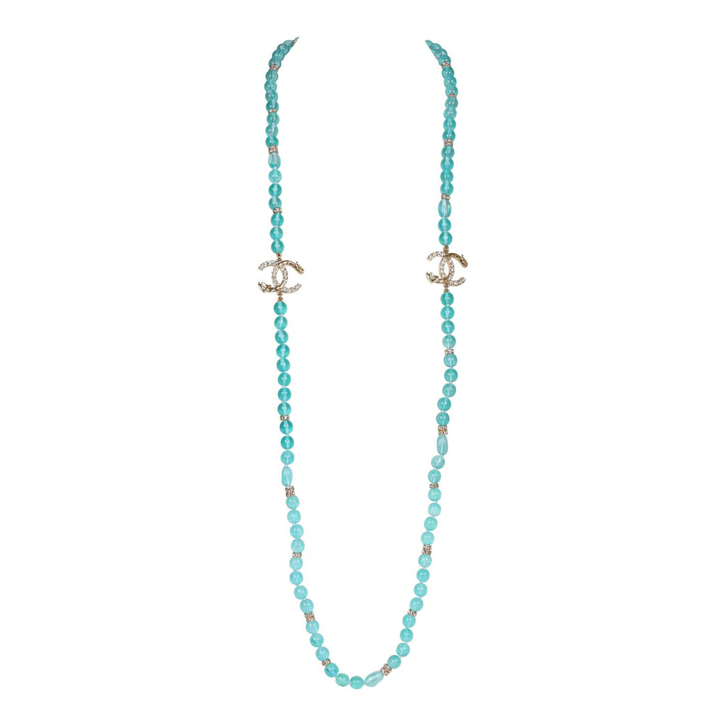 Chanel Teal Gripoix Beaded Necklace Gold Metal and White Strass CC