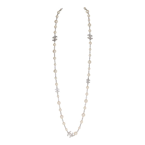 Chanel Silver Metal, White Strass, and White Pearl Logo Sautoir Necklace