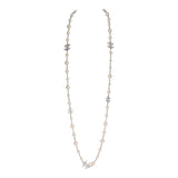 Chanel Silver Metal, White Strass, and White Pearl Logo Sautoir Necklace