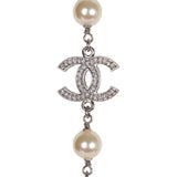 Chanel Silver Metal, White Strass, and White Pearl Logo Sautoir Necklace