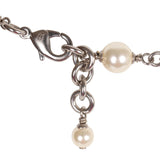 Chanel Silver Metal, White Strass, and White Pearl Logo Sautoir Necklace