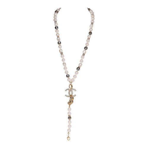 Chanel 2020 Strass & Faux Pearl CC Pendant Necklace - White,  Palladium-Plated Pendant Necklace, Necklaces - CHA975950