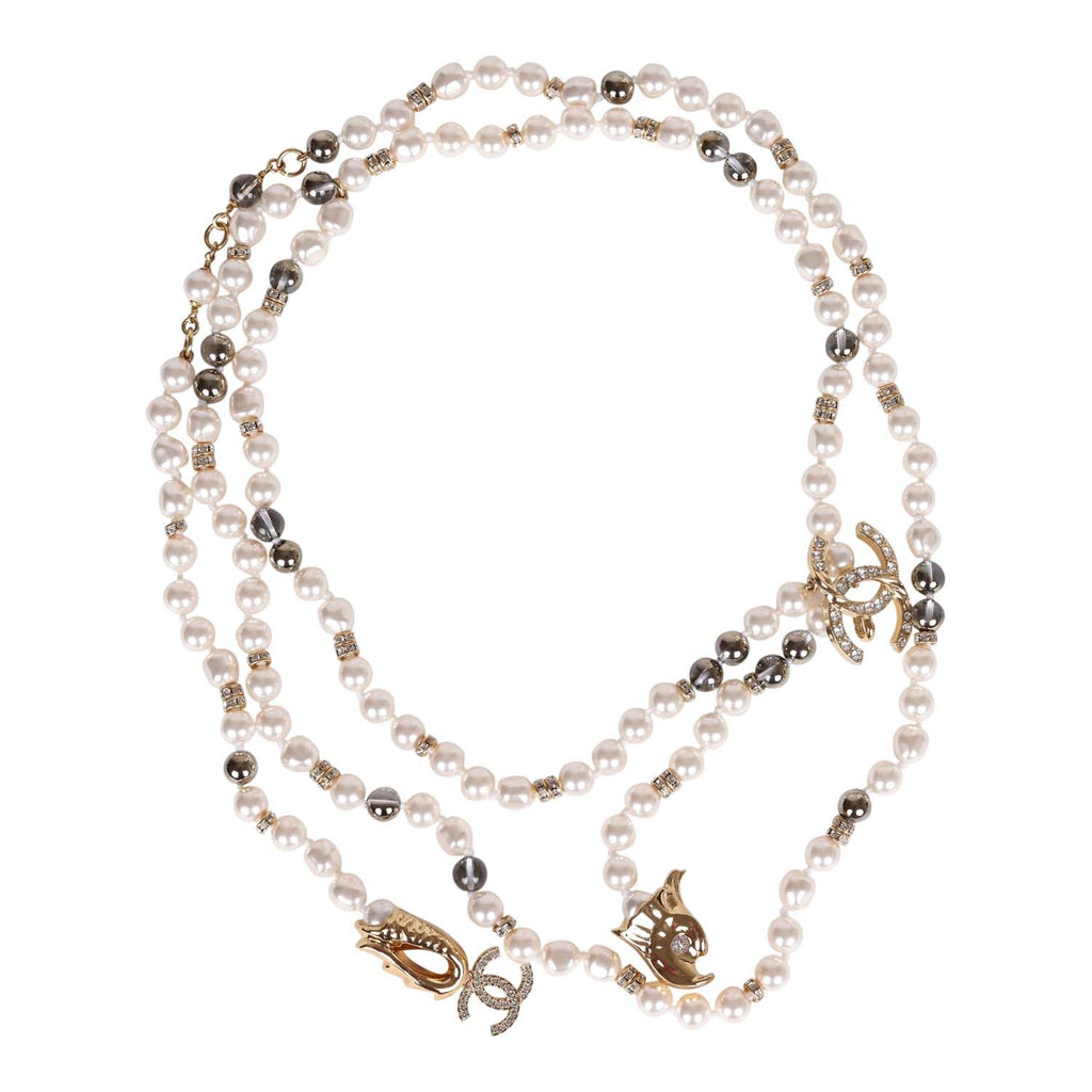 Chanel Long Pearl Necklace with Clear Gripoix, Strass, and Gold