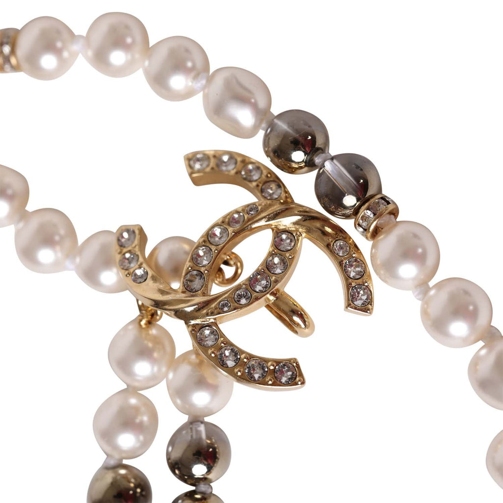 Chanel 2 Gold CC White Bead Pearl Necklace