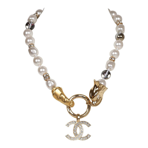 Chanel CC Faux Pearl Crystals Faux Pearl Gold Tone Long Necklace Chanel