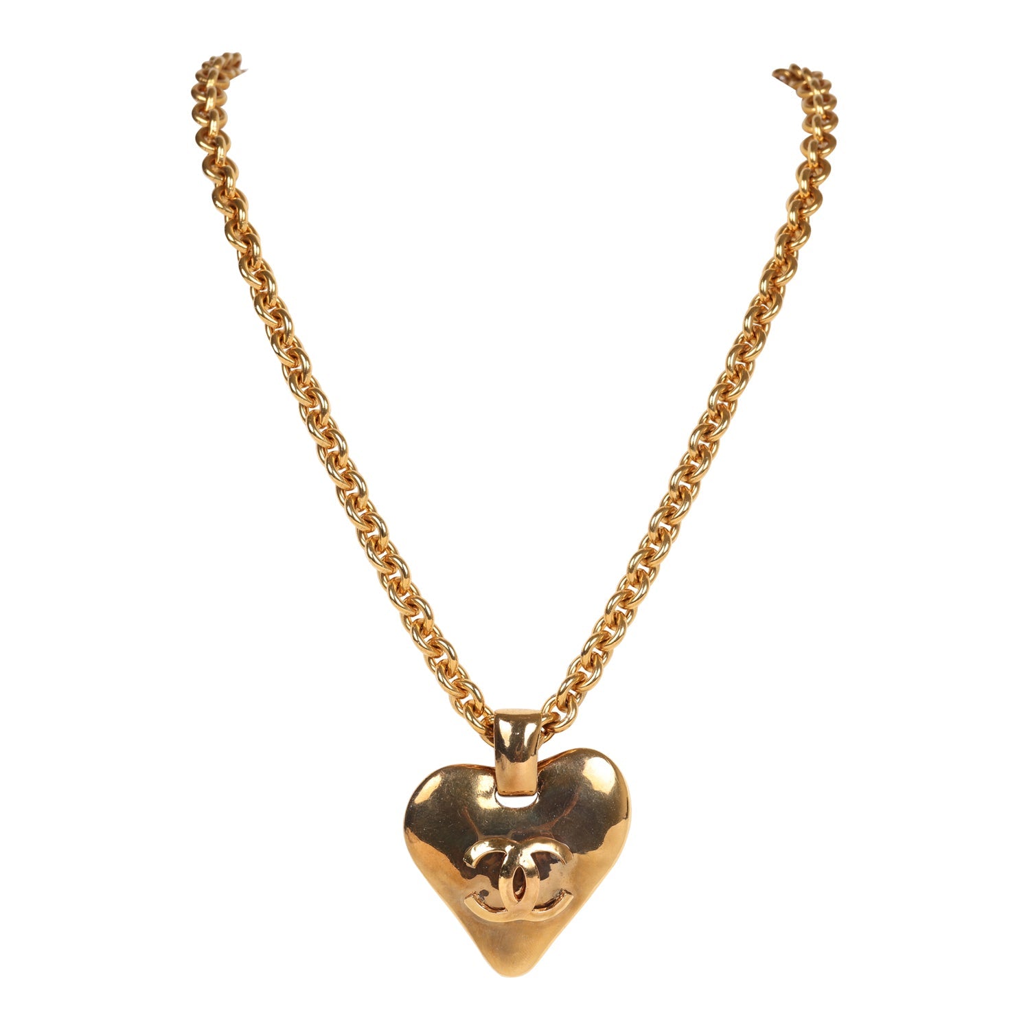 Vintage Chanel 24K Gold Plated Long CC Heart Pendant Necklace