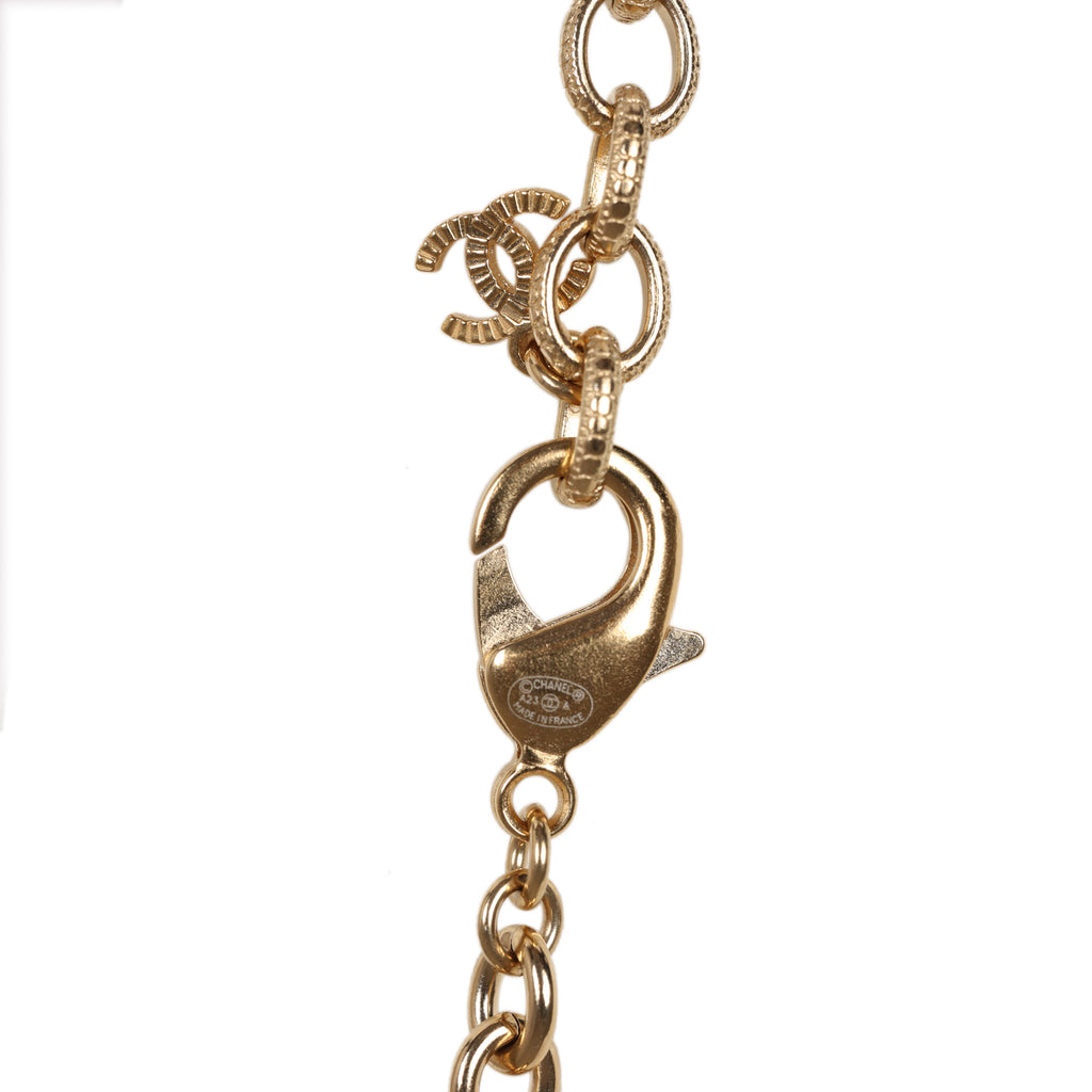Chanel CC Beaded Sautoir Long Chain Necklace Orange Gold Metal