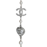 Chanel Silver Metal, White Strass, and White Pearl Logo and Hearts Sautoir Necklace