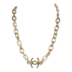Chanel CC Gold Tone Metal Pearl Necklace Gold Hardware