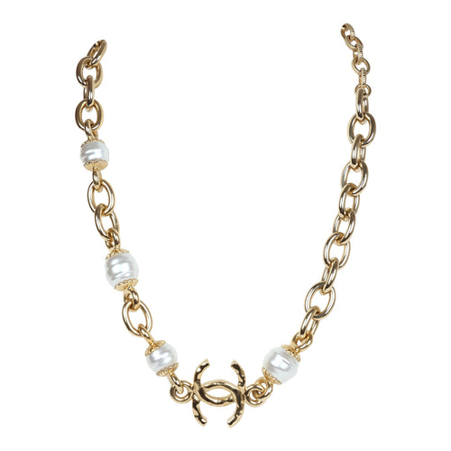 Chanel CC Gold Tone Metal Pearl Necklace Gold Hardware