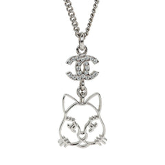 Chanel Silver CC Crystal Choupette Cat Emoji Pendant Necklace