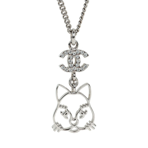 Chanel Silver CC Crystal Choupette Cat Emoji Pendant Necklace