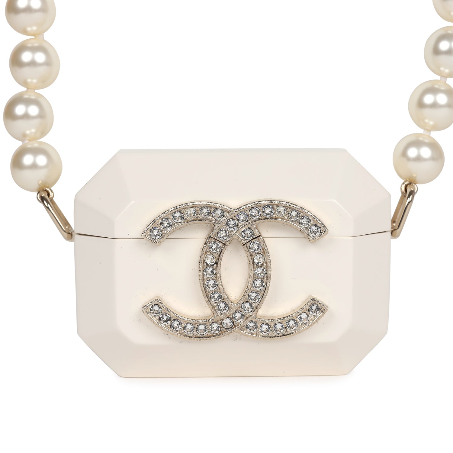 Chanel Crystal Cc Resin & Pearls Airpod Pro Case Necklace Light Gold H 