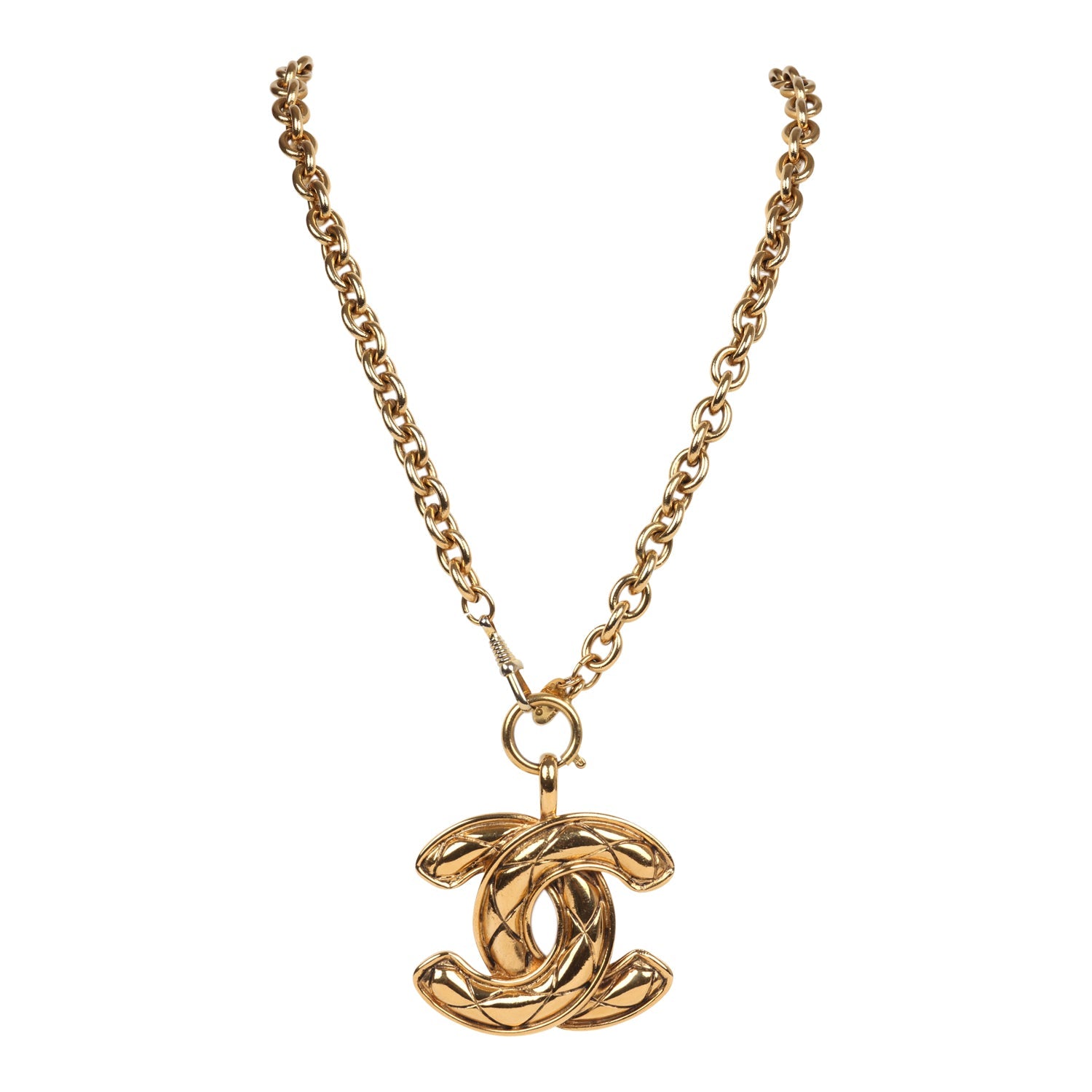 Vintage Chanel Large CC Quilted Pendant Necklace Gold Hardware ...