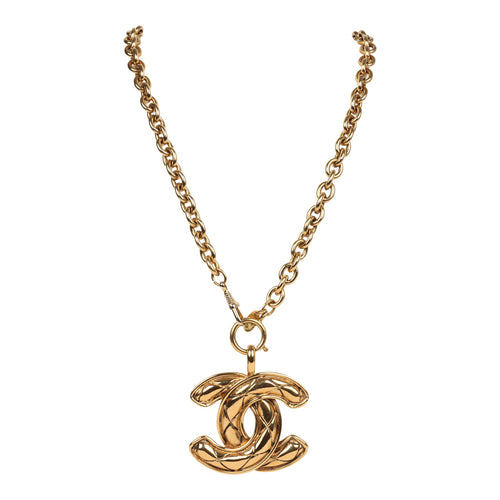 Vintage Chanel 24K Gold Plated Large CC Quilted Pendant Necklace