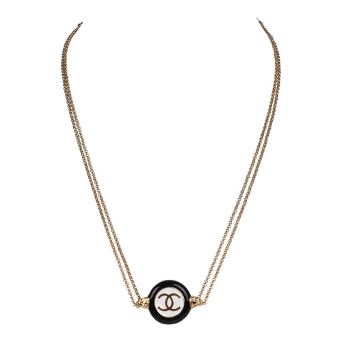 Chanel Round CC Enamel Pendant Choker Necklace Black/White Gold Hardware
