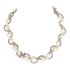 Chanel CC Faux Crystal Beaded Choker Necklace Beige and White Light Gold Tone Hardware