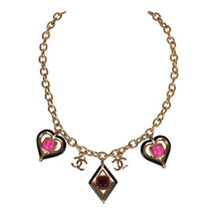 Chanel Hearts Charm Necklace Black, Pink Enamel and Gripoix Gold Tone Hardware