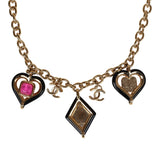 Chanel Hearts Charm Necklace Black/Pink Enamel/Gripoix Gold Tone Hardware