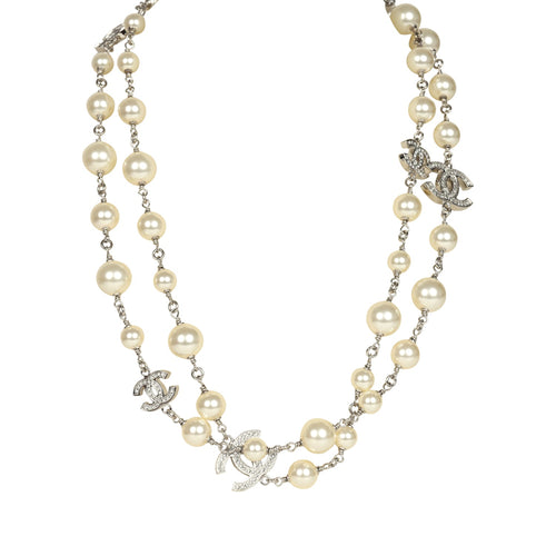 Chanel CC Pearl Long Necklace Faux Pearls and Silver Tone Hardware