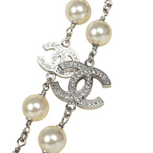 Chanel CC Pearl Long Necklace Faux Pearls and Silver Tone Hardware
