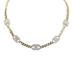 Chanel Crystal CC Choker Necklace Silver Tone and Light Gold Tone Hardware