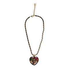 Chanel Large Resin Heart Pendant Necklace Multicolored Resin, Black Leather Gold Tone Metal Hardware