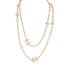 Chanel Long Crystal CC and Pearl Necklace Faux Pearls Gold Tone Hardware