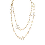 Chanel Long Crystal CC and Pearl Necklace Faux Pearls Gold Tone Hardware - Thumbnail View 1