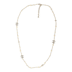 Chanel Long Crystal CC and Pearl Necklace Faux Pearls Gold Tone Hardware