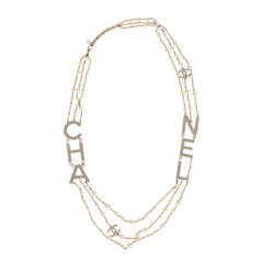 Chanel Long Crystal CHA-NEL Multi-Strand CC Pearl Necklace Ivory Pearls, Light Gold Tone Hardware