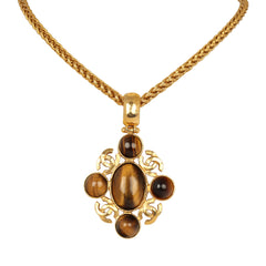 Vintage Chanel Long CC Gripoix Stone Pendant Necklace Tiger Eye, Gold Plated Hardware