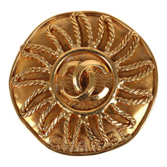 Vintage Chanel CC Sun Round Brooch Gold Plated Hardware