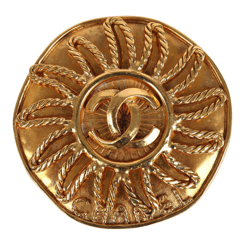 Vintage Chanel CC Sun Round Brooch Gold Plated Hardware