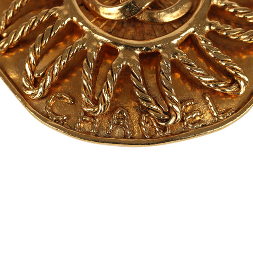 Vintage Chanel CC Sun Round Brooch Gold Plated Hardware