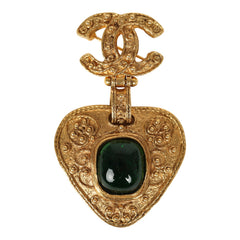 Vintage Chanel CC Dangle Gripoix Heart Brooch Green Gold Plated Hardware