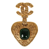 Vintage Chanel CC Dangle Gripoix Heart Brooch Green Gold Plated Hardware - Thumbnail View 1