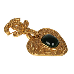 Vintage Chanel CC Dangle Gripoix Heart Brooch Green Gold Plated Hardware