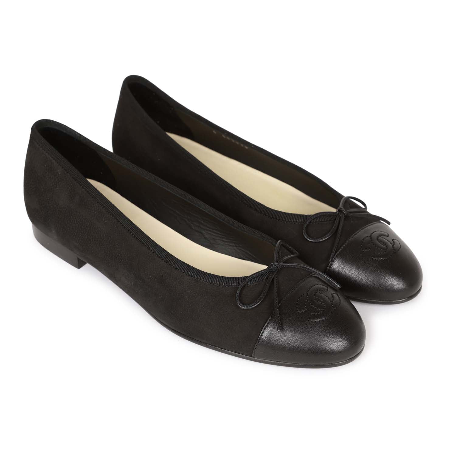 Chanel CC Black Suede And Leather Ballet Flats 39