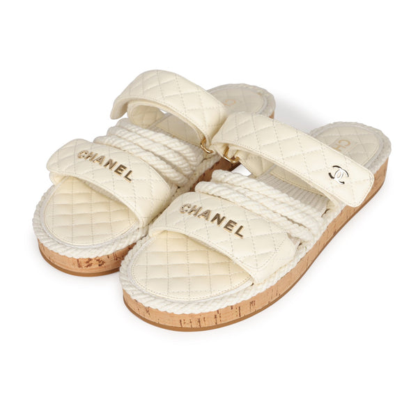 CHANEL Cord Lambskin Quilted Logo Sandals 37 White Black 914148