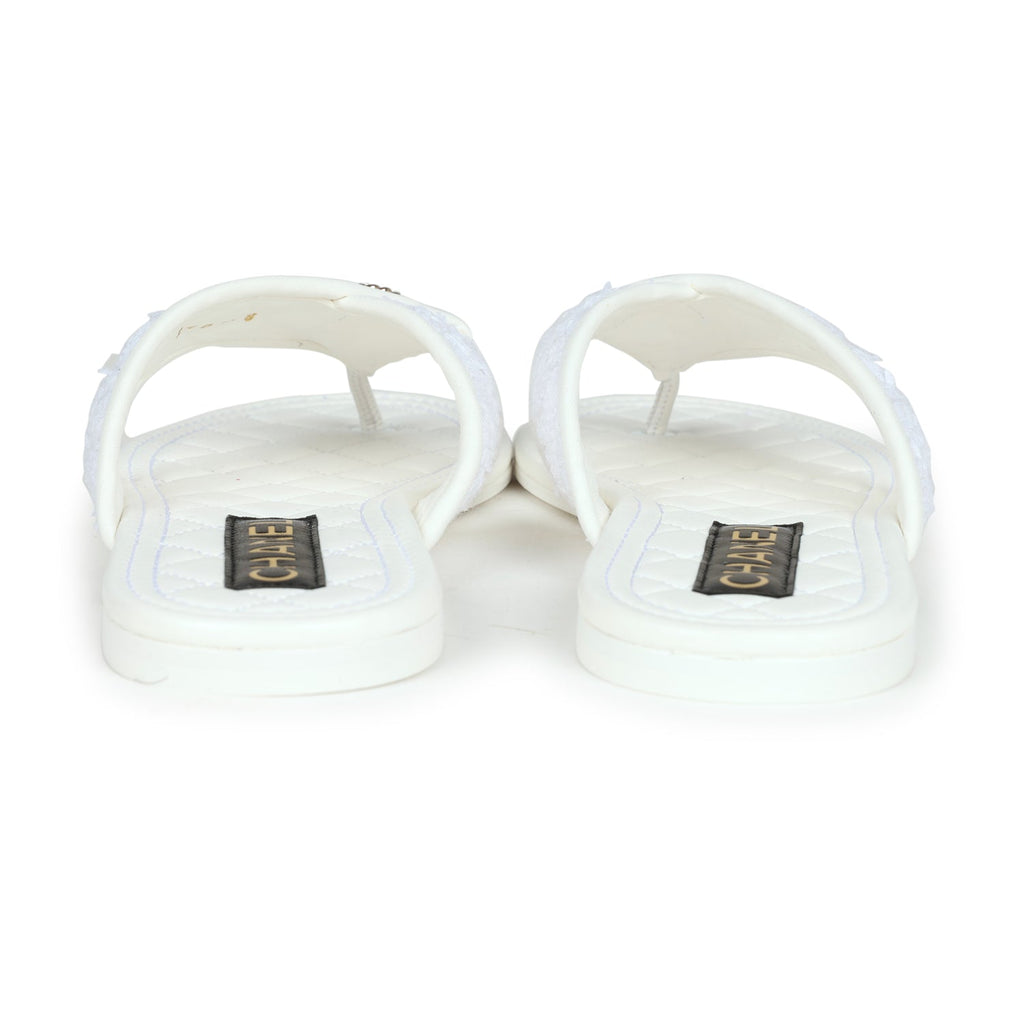 Chanel CC Logo Thong Sandals White Lambskin & Tweed 38 EU Gold Hardware