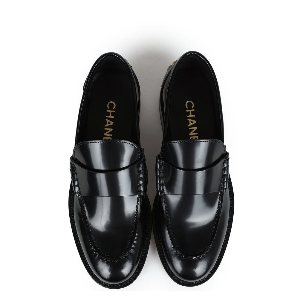 Chanel Loafers Black Shiny Calfskin Gold Hardware 37 EU