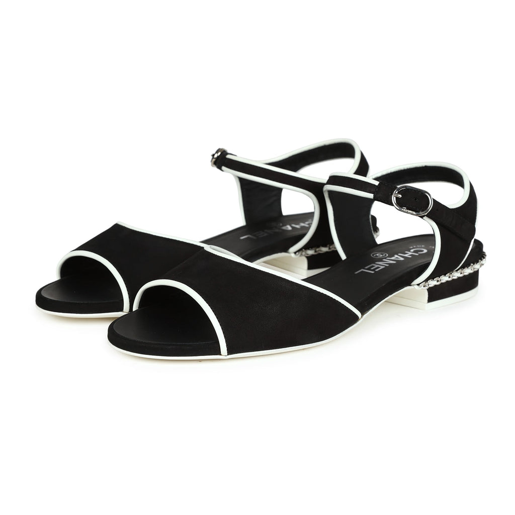 Chanel Slingback Sandals Black and White Suede and Lambskin Silver 