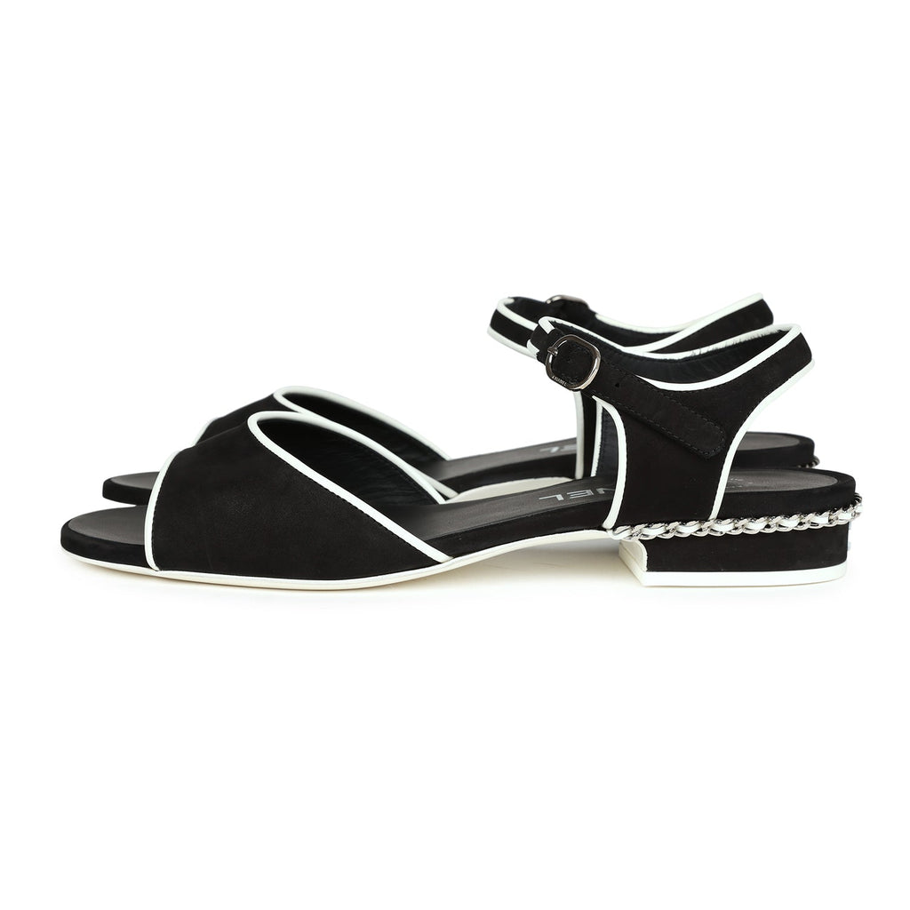 Chanel Slingback Sandals Black and White Suede and Lambskin Silver Hardware 37 EU